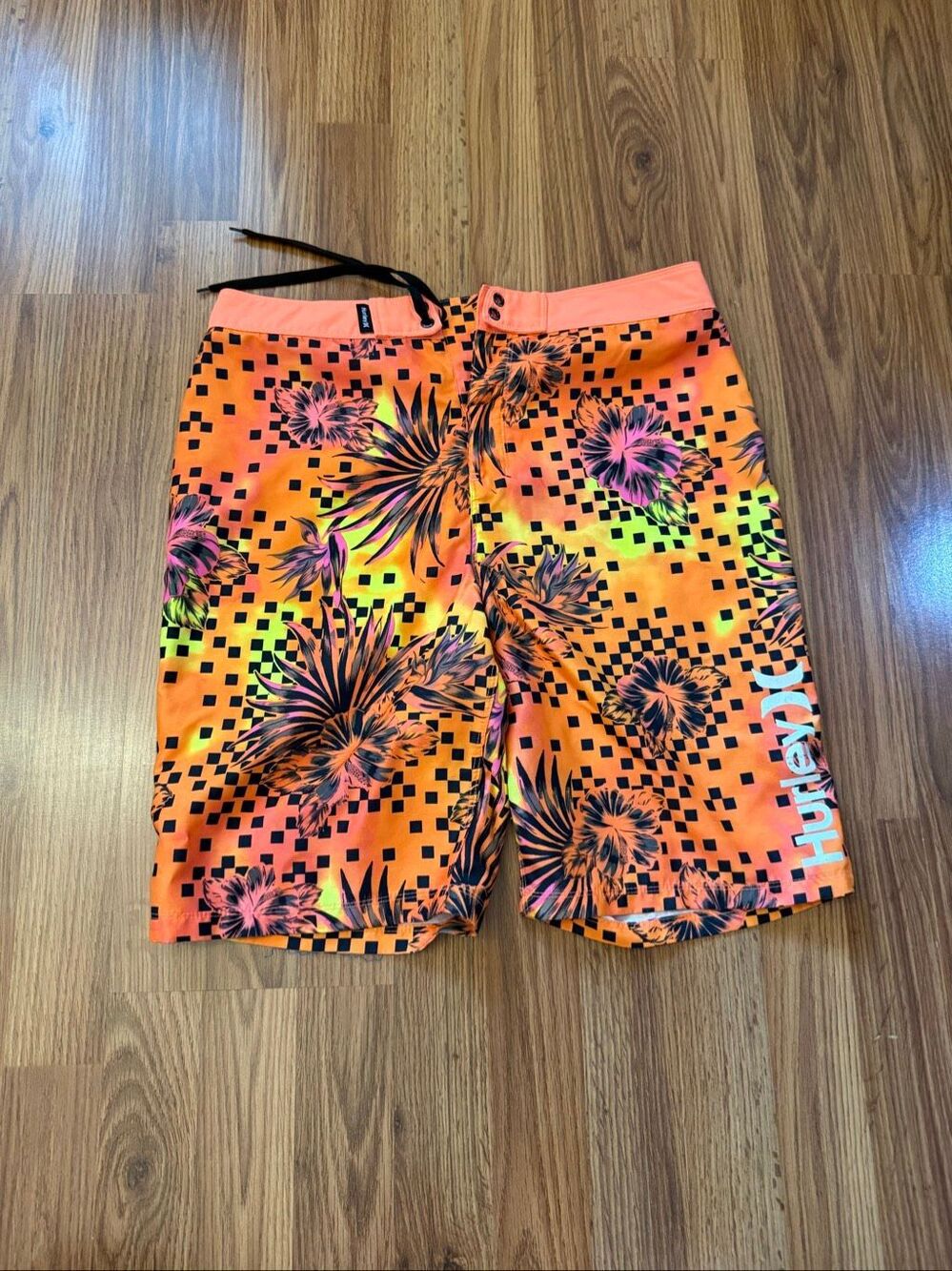 Hurley Men's Floral Checkered Drawstring Swim Board Shorts Bright Mango Sz 18/29